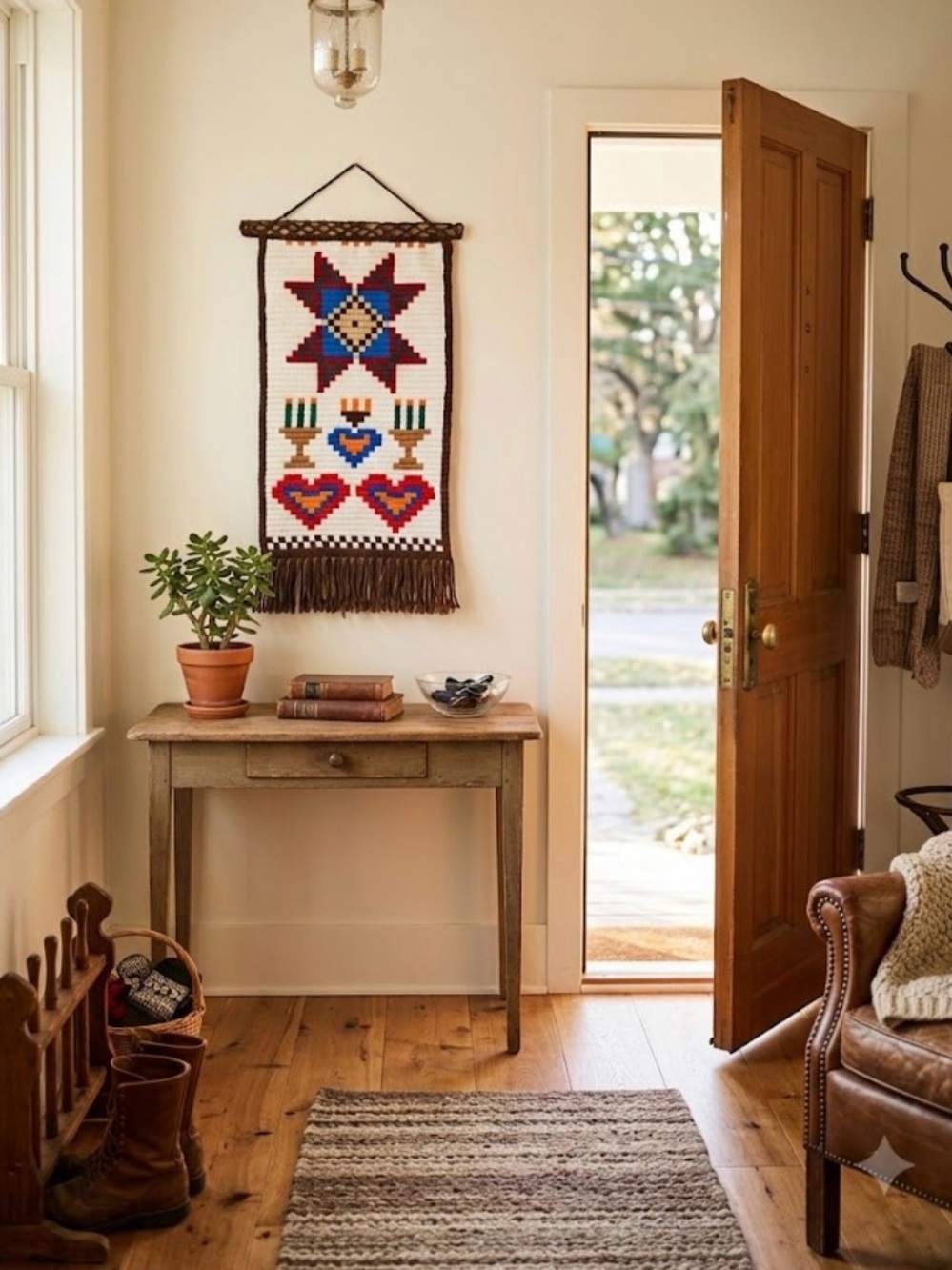 Handcrafted Folk Art Wall Hanging - Geometric Star & Heart Design - 12.5” x 25”
